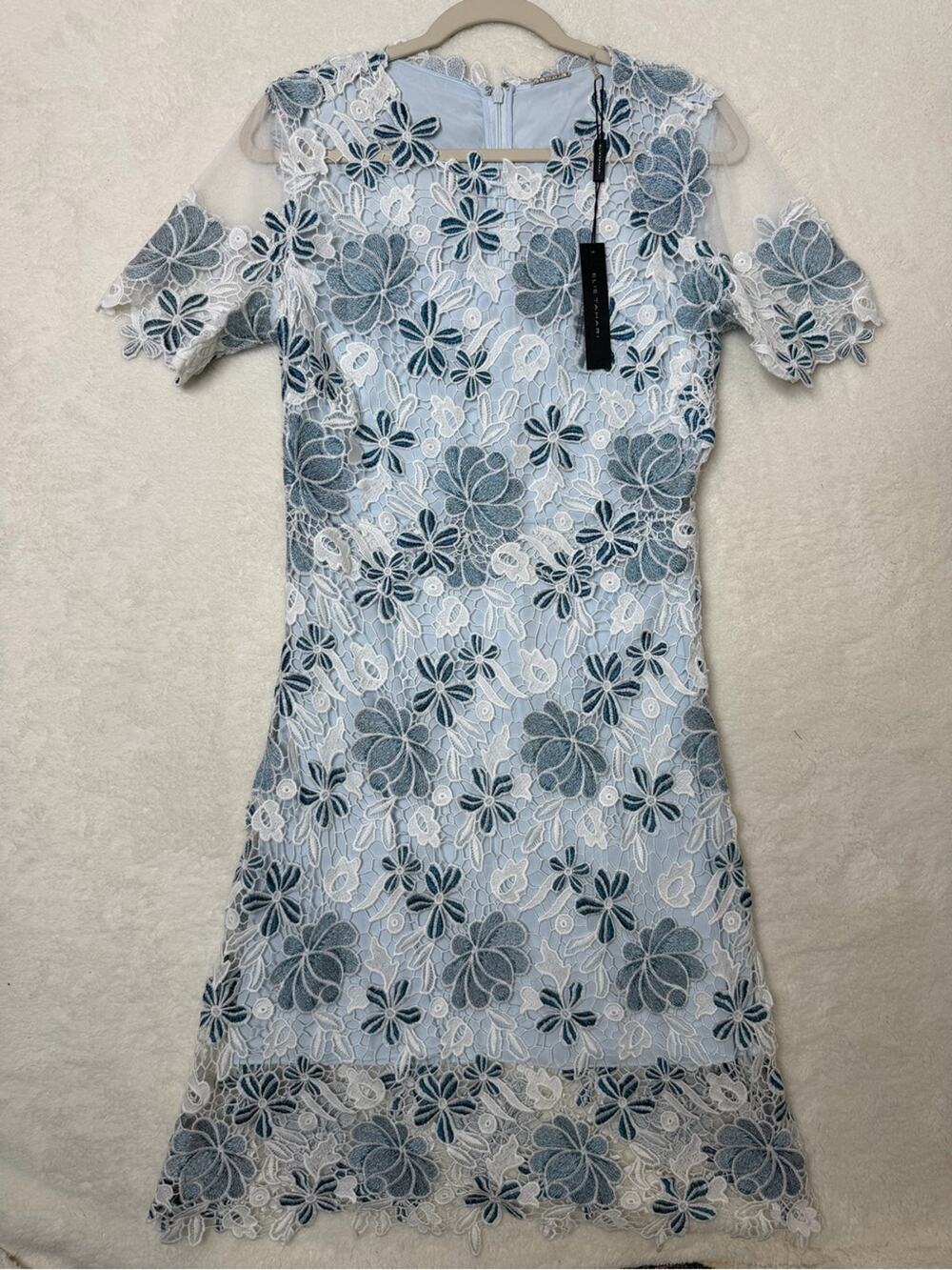 Elie Tahari Sky Blue White Floral Shimmer Dress Lace Overlay Lined US Size 8 NWT